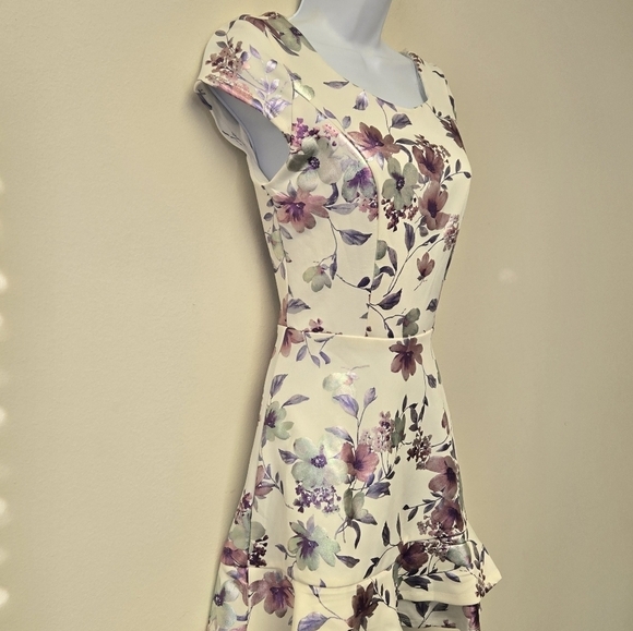 Midnight Doll fit and flare shiny Floral Ruffle Hem Dress Ivory Lilac XS - Picture 3 of 8
